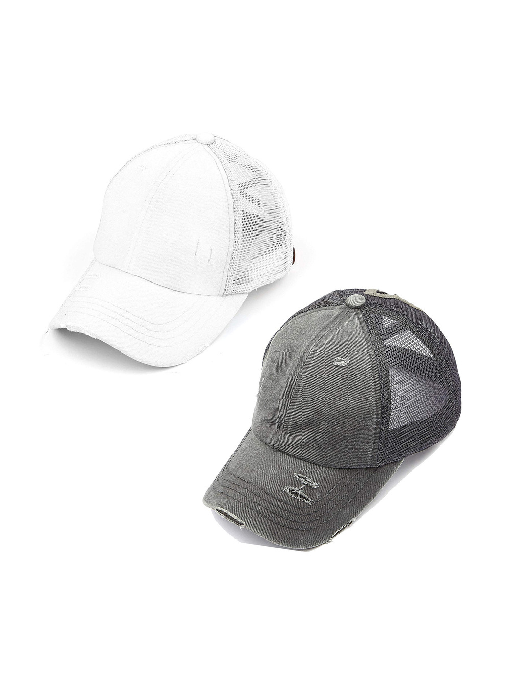 Criss Cross Ponytail Cap, Messy Bun Distressed | 2 Packs, White, Gray | Size OS